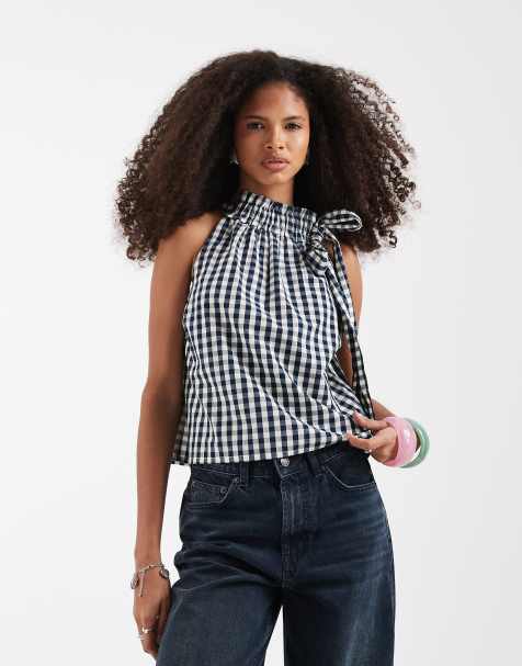 Neon Rose bow detail short sleeve top in blue yellow check - view 1