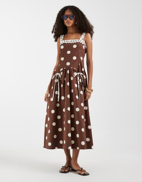 Neon Rose bow detailed strap midaxi dress in brown polka dot - view 1