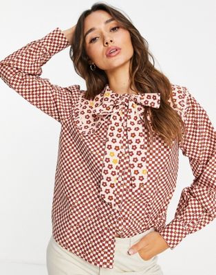 Neon Rose bow tie collar blouse in mixed gingham
