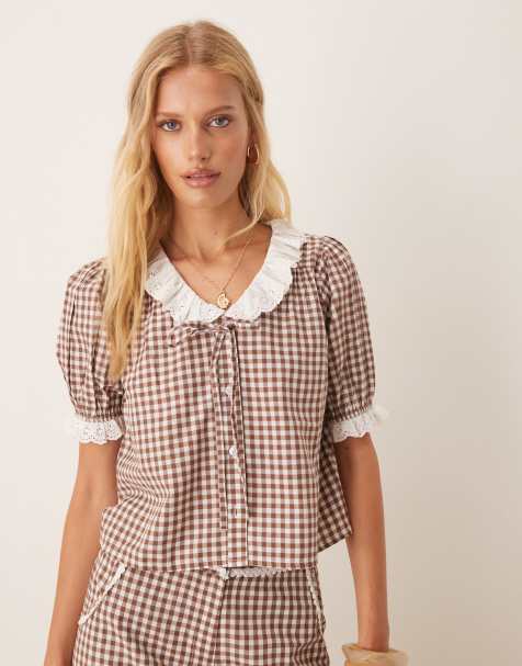Neon Rose broderie collar gingham blouse in brown - view 1