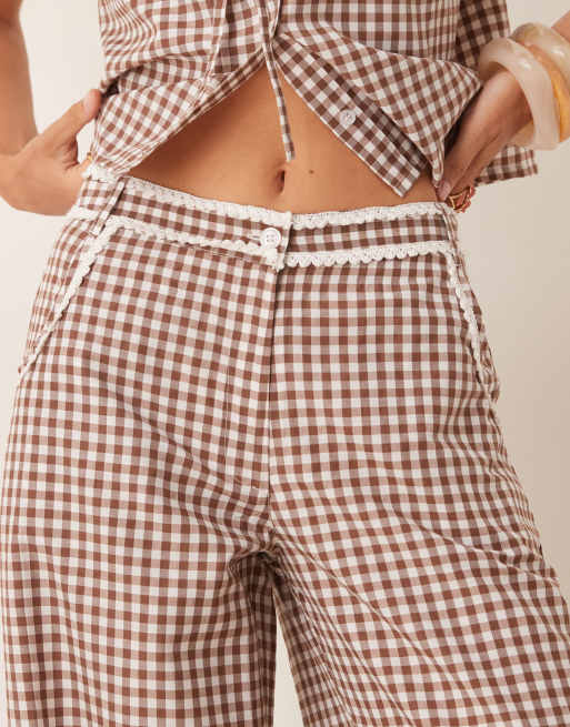 Neon Rose - Broek met wijde pijpen en gingham ruit in bruin, deel van co-ord set, 3 van 5