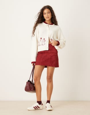Neon Rose Bunny Detailed Cardigan In White