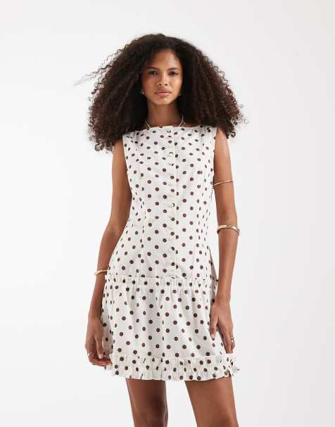 Neon Rose button up mini dress in cream polka dot