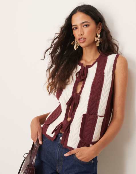 Neon Rose cable striped vest in cream and burgundy - view 1