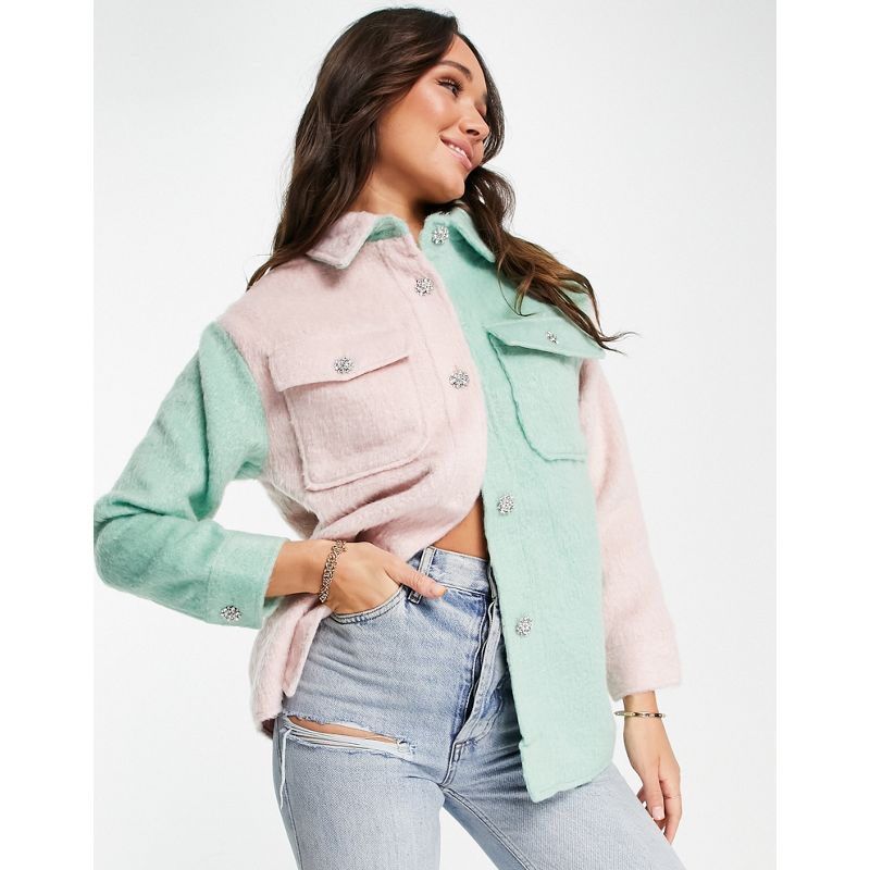 Donna MgCiU Neon Rose - Camicia giacca oversize pastello color block con bottoni gioiello