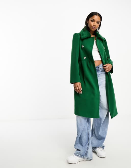 Neon Rose - Cappotto stile principessa verde intenso con colletto in pelliccia sintetica