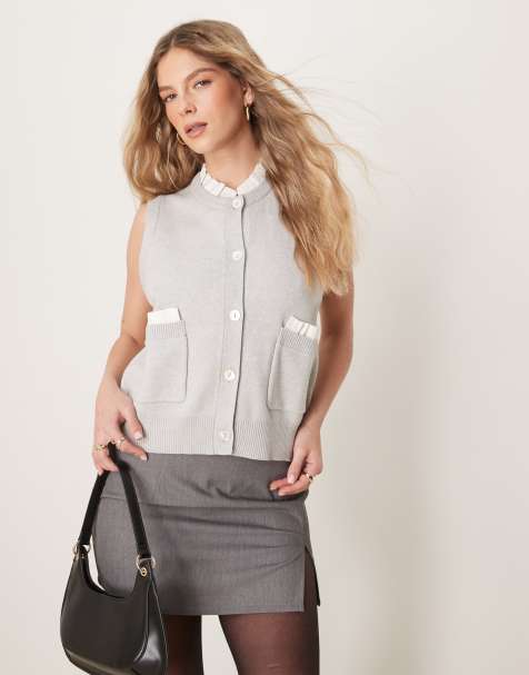 Neon Rose - Cardigan grigio senza maniche in maglia compatta con finiture - view 1