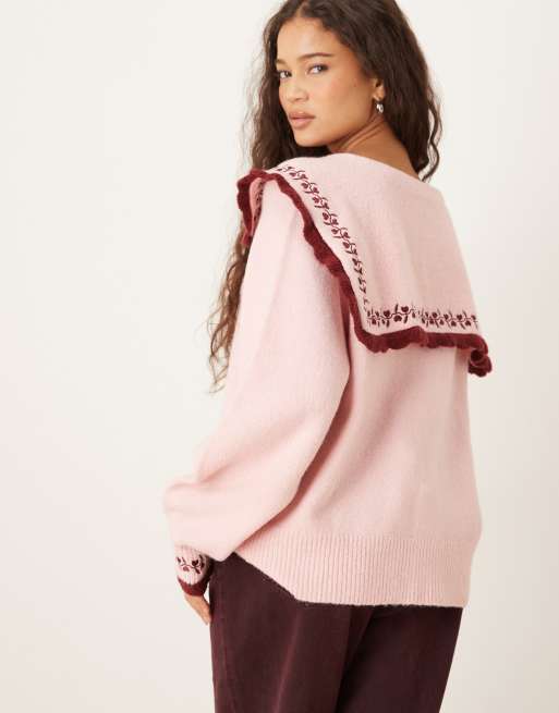 Neon Rose - Cardigan rosa con volant bordeaux e colletto oversize, 3 di 4