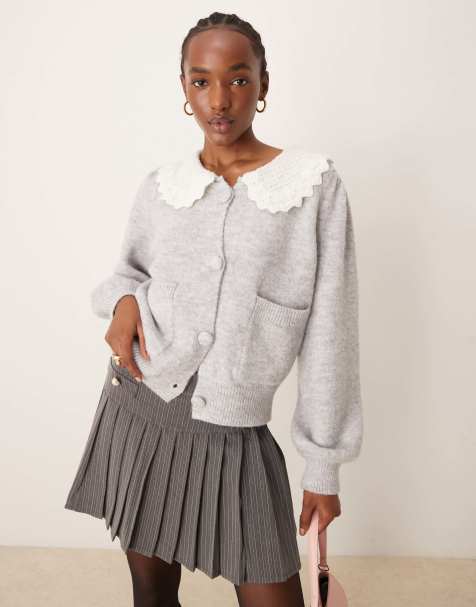 Neon Rose - Cardigan soffice grigio con colletto - view 1