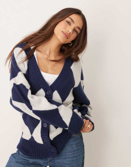 Neon Rose - Cardigan taglio lungo blu navy a rombi