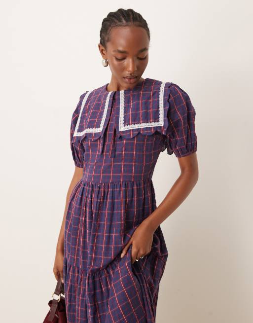 Neon Rose check print collar detail tiered midaxi dress in multi