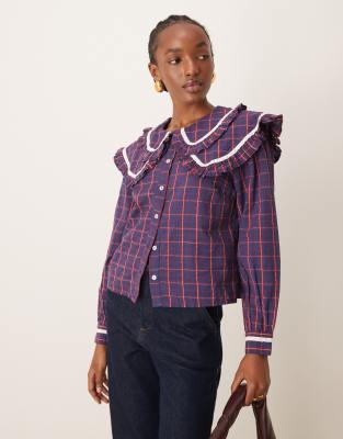 Neon Rose Neon Rose check print layered collar blouse in navy