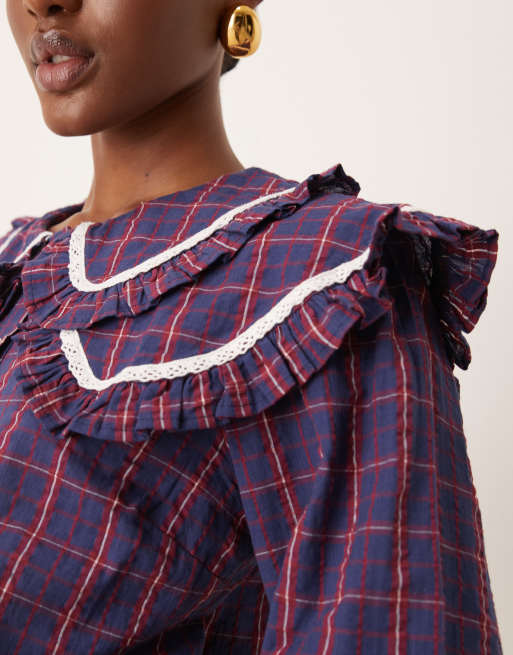 Neon Rose check print layered collar blouse in navy | ASOS