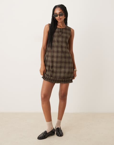 Neon Rose check print mini shift dress in brown - view 1