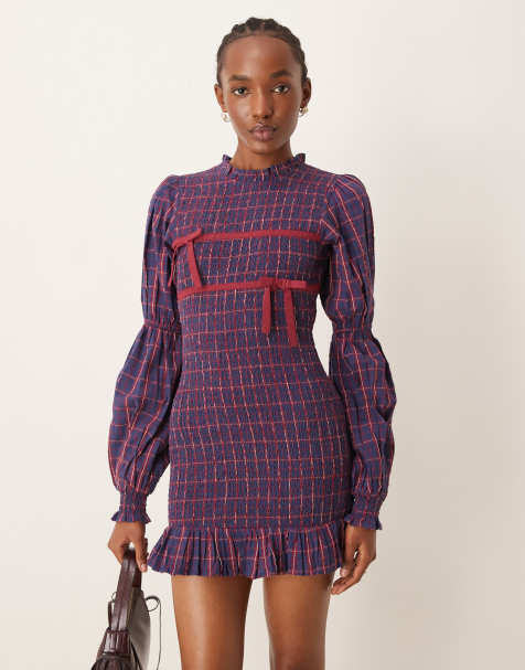 Neon Rose check print ribbon detail shirred mini dress in navy - view 1