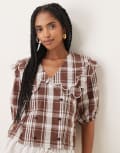 [Neon Rose] Neon Rose check print scallop collar blouse in beige-Neutral XL BEIGE