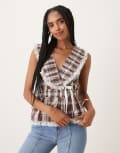 [Neon Rose] Neon Rose check ruffle wrap blouse in beige-Neutral S BEIGE