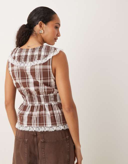 Neon Rose check ruffle wrap blouse in beige | ASOS