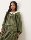 [Neon Rose] Neon Rose check square collar balloon sleeve blouse in beige-Neutral S Beige check