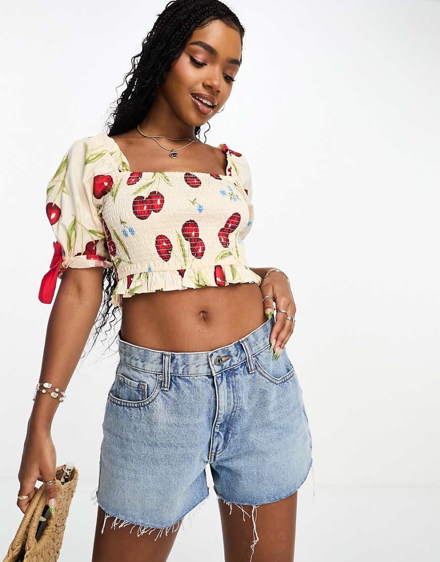 Neon Rose cherry print bow detail shirred crop top in cream-Multi