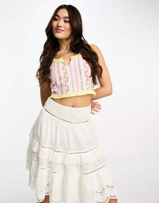 Neon Rose chintz print corset frill crop top in pink