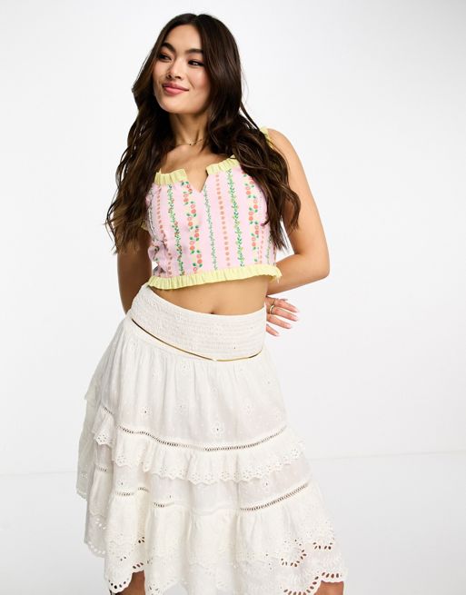 Glamorous halter neck lace trim corset crop top in off white