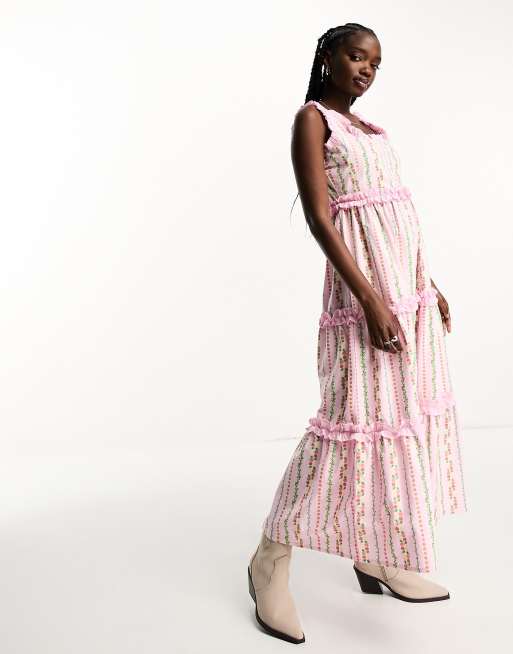Neon Rose chintz print ruffle midaxi dress in baby pink | ASOS