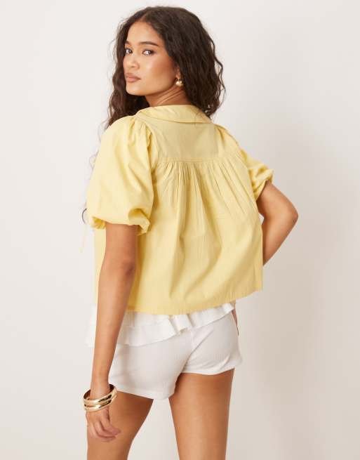 Neon Rose - Citrongul bluse med plisseringer, sløjfedetalje og pufærmer, 4 af 4
