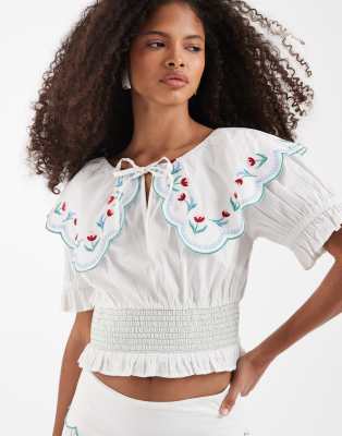 Neon Rose co-ord floral collared short sleeve shirred top in white