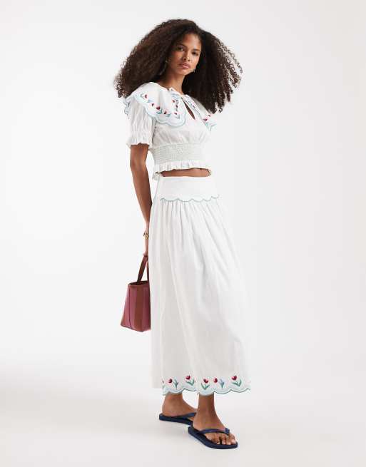 Neon Rose co-ord floral collared short sleeve shirred top in white, 2 of 4