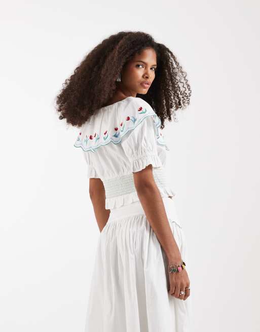 Neon Rose co-ord floral collared short sleeve shirred top in white, 4 of 4