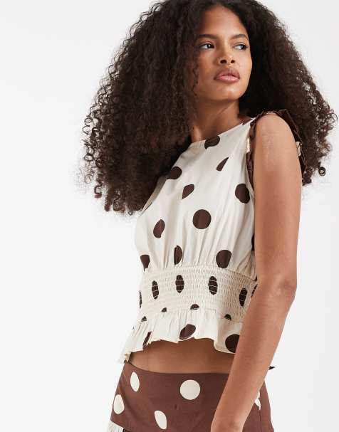 Neon Rose co-ord flutter sleeve shirred top in brown polka dot - view 1