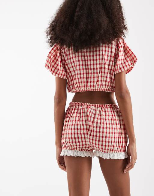 Neon Rose co-ord ruffle edged short in red check, 4 of 5
