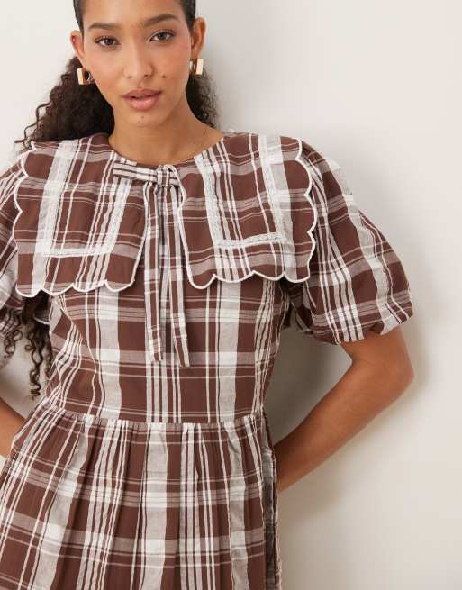 Neon Rose collar detail check print midaxi dress in beige, 2 of 4