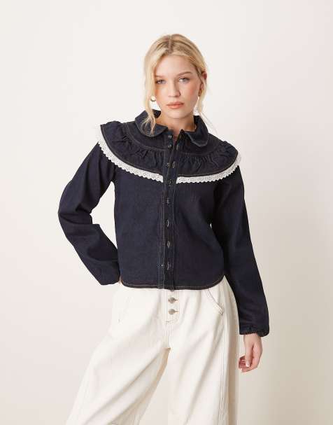 Neon Rose collar detail denim blouse in indigo - view 1