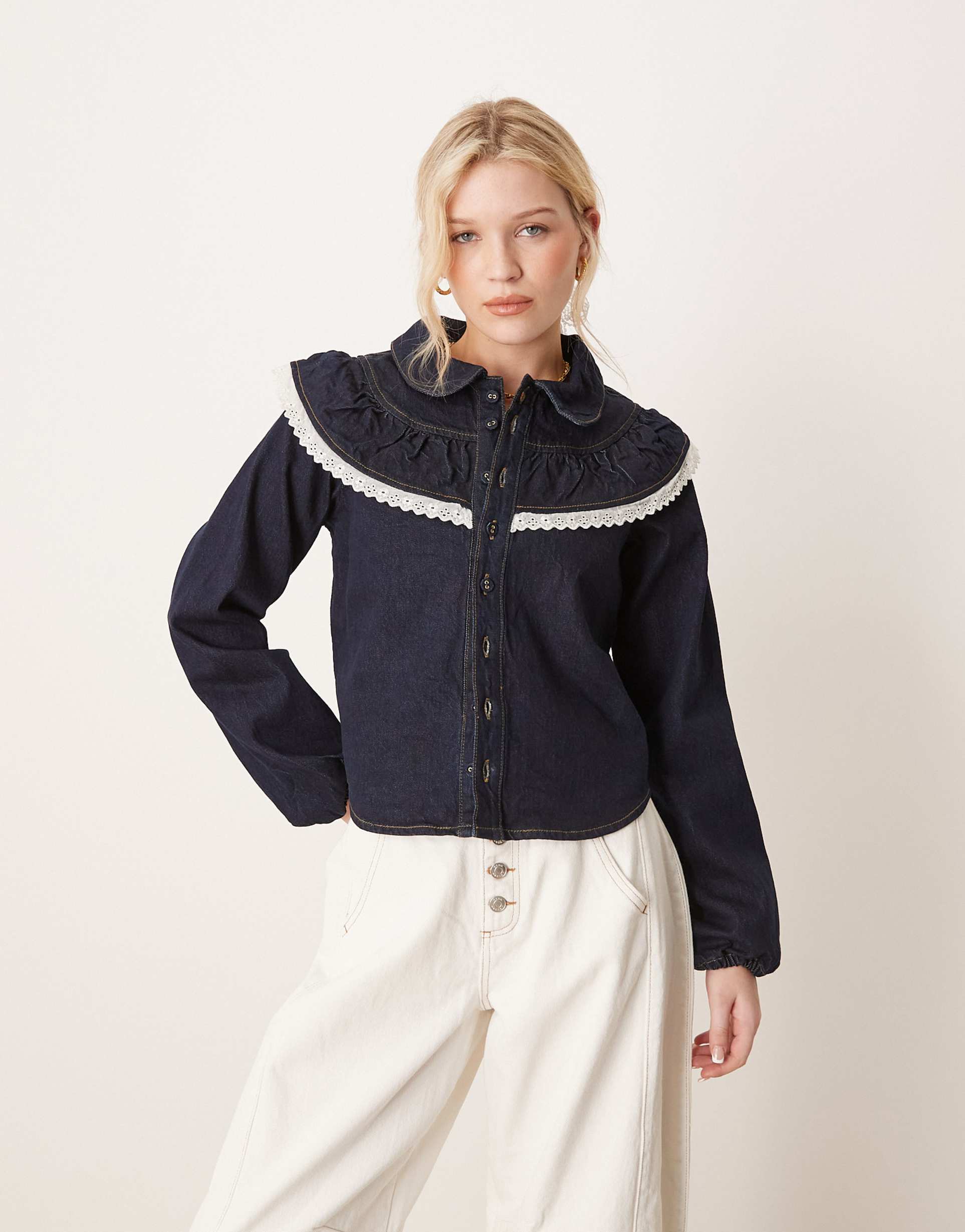 neon rose collar detail denim blouse in indigo