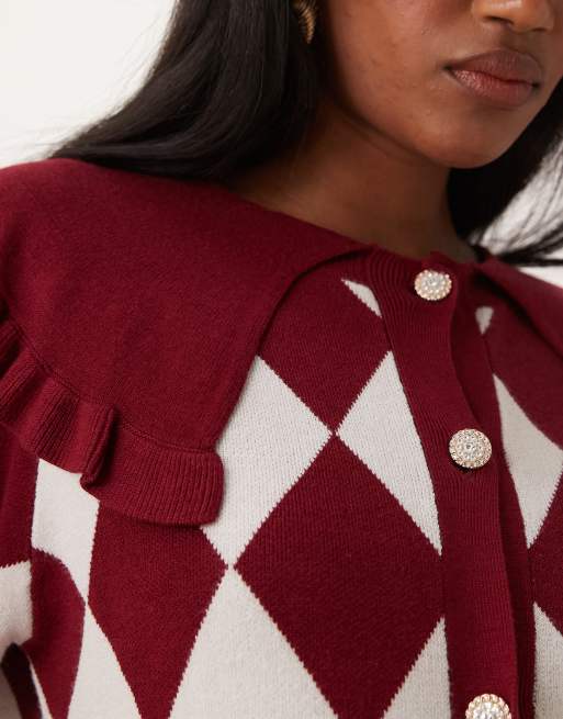 Neon Rose collar detail harlequin argyle cardigan in burgundy