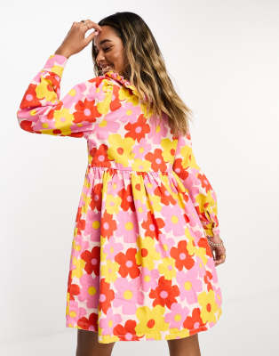 Neon Rose collar detail mini smock shirt dress in bright