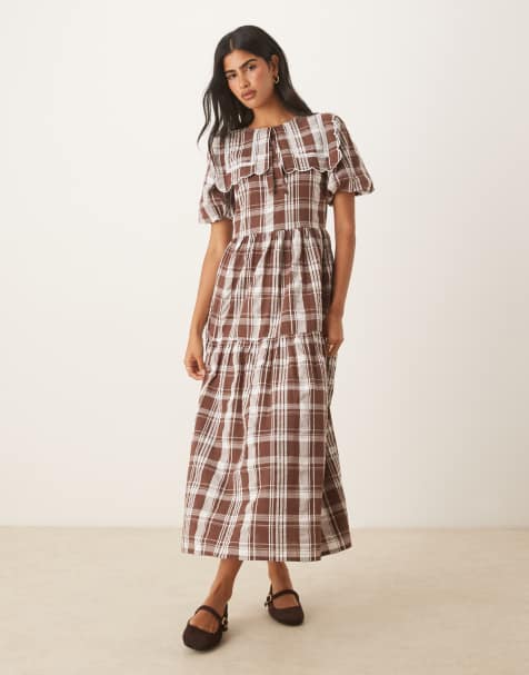 Neon Rose collar detail plaid print midaxi dress in beige - view 1