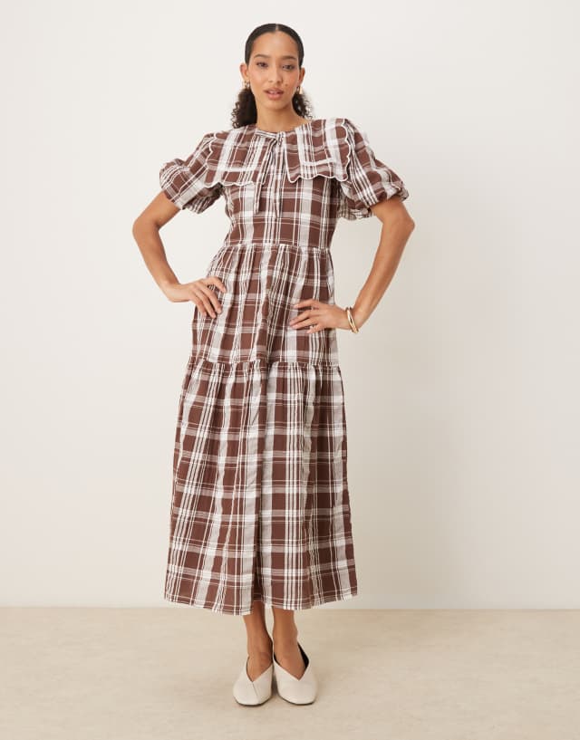 Neon Rose collar detail plaid print midaxi dress in beige | ASOS