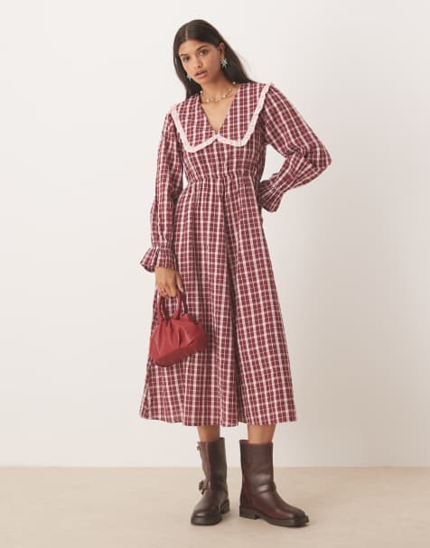 Neon Rose collar detail textured check midaxi dress in burgundy and pink - view 1