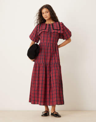 Neon Rose Neon Rose collar detail tiered midaxi dress in burgundy check