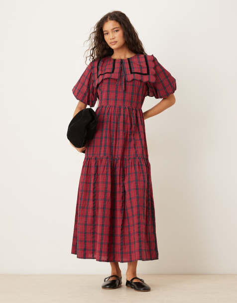 Neon Rose collar detail tiered midaxi dress in burgundy check - view 1