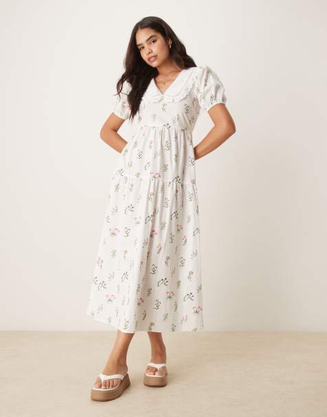 Neon Rose collared prairie midi dress in white - view 1