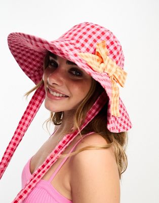 Neon Rose contrast bow detail wide brimmed hat in pink gingham - ASOS Price Checker