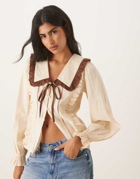 Neon Rose contrast bow linen blouse in cream and brown - view 1