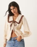 [Neon Rose] Neon Rose contrast bow linen look blouse in cream and brown S BROWN