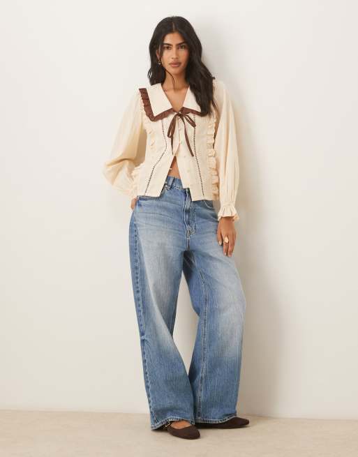 Neon Rose contrast bow linen look blouse in cream and brown