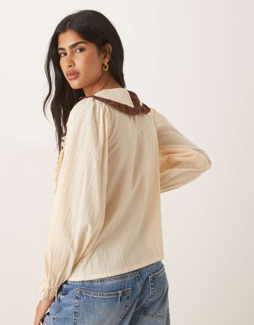 Neon Rose contrast bow linen look blouse in cream and brown