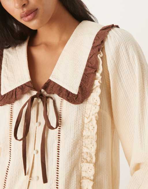 Neon Rose contrast bow linen look blouse in cream and brown